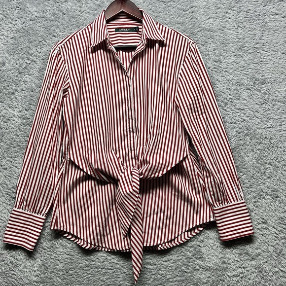Lauren Ralph Lauren Tops - Lauren Ralph Lauren Top Womens Medium Red White Stripe Tie Front Shirred Cuffs
